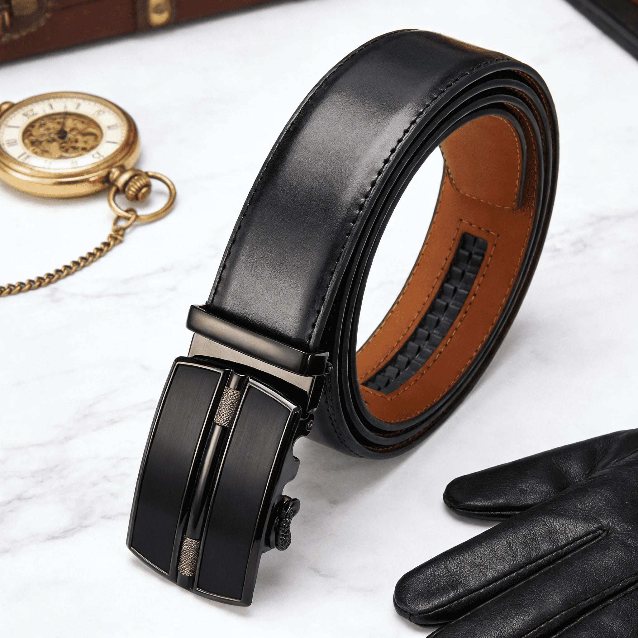 Herren Automatikgürtel schwarz– Eleganter Ratschengürtel aus Leder